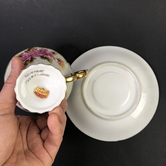 VTG November Chrysanthemum Footed Teacup Saucer Pink Floral Iridescent Cottage - Picture 9 of 14
